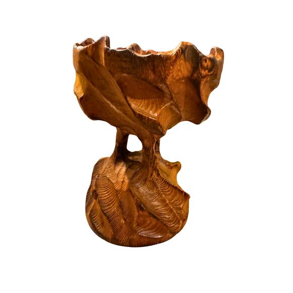 Hand-Carved Wood Pedestal Bowl – Rustic Sculptural Wooden Dish (6.25” Wide) - Picture 5 of 10